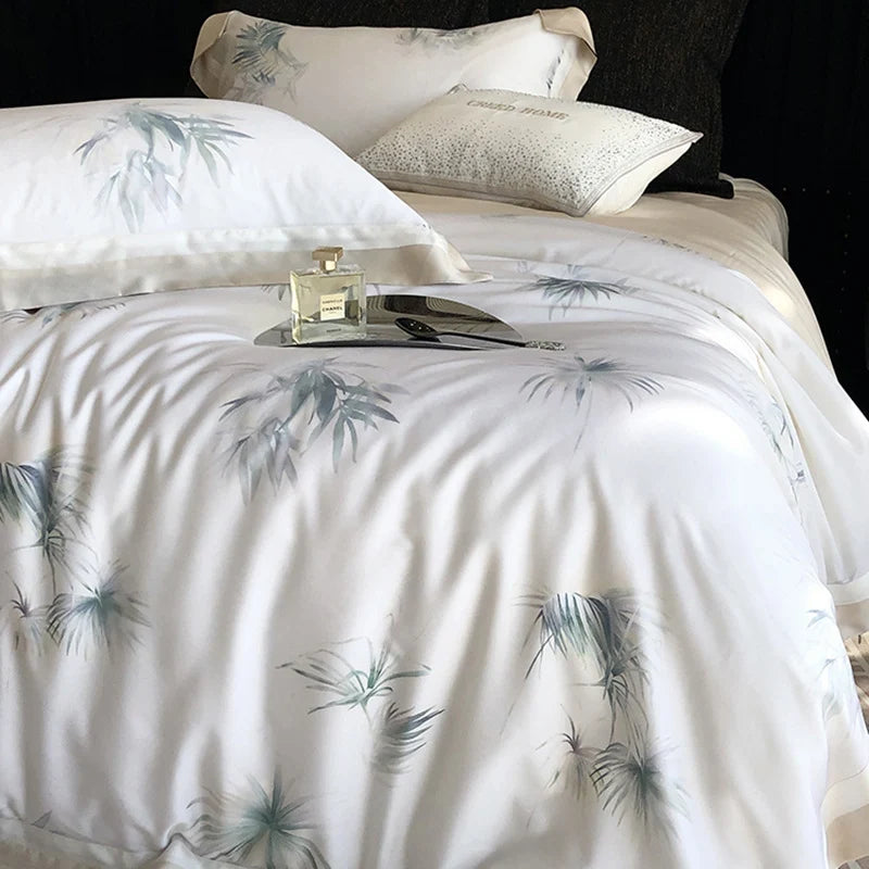Bedding Set Cotton Satin Leaf Print Contrasting Hem & Piping