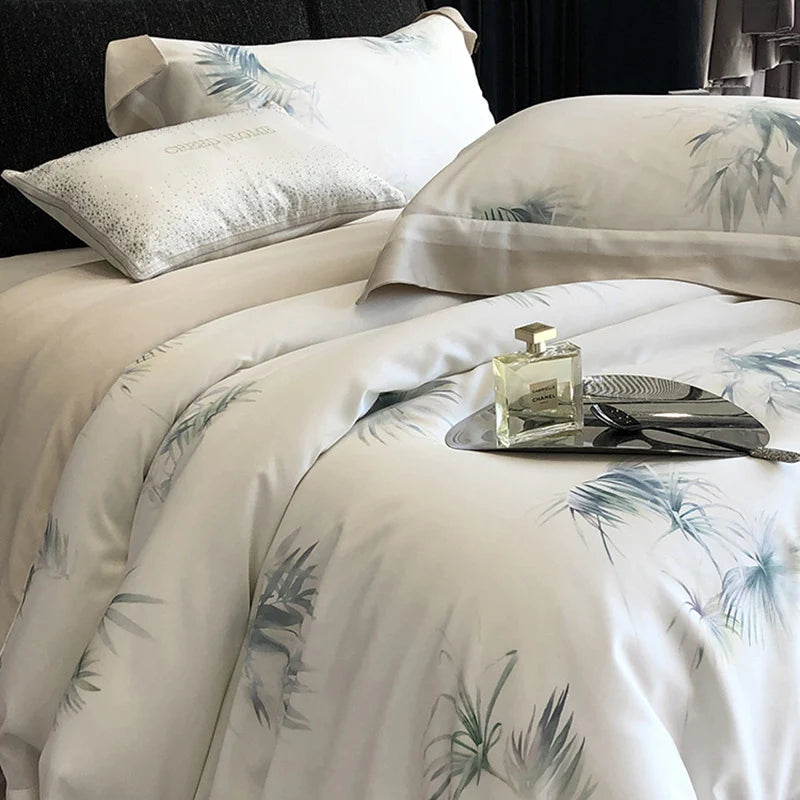 Bedding Set Cotton Satin Leaf Print Contrasting Hem & Piping