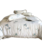 Bedding Set Cotton Satin Leaf Print Contrasting Hem & Piping