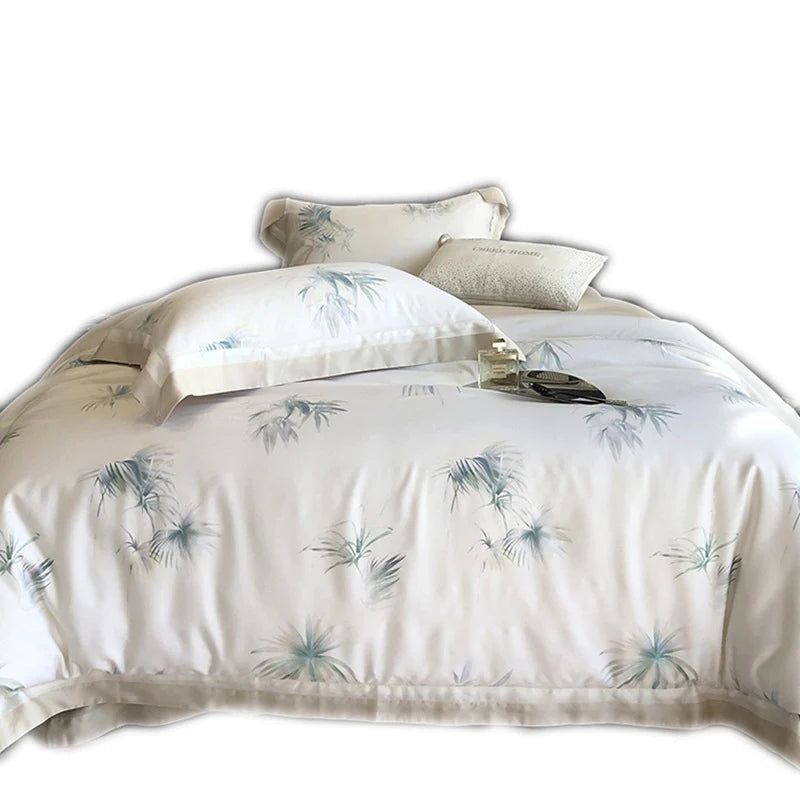Bedding Set Cotton Satin Leaf Print Contrasting Hem & Piping