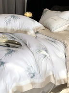 Bedding Set Cotton Satin Leaf Print Contrasting Hem & Piping