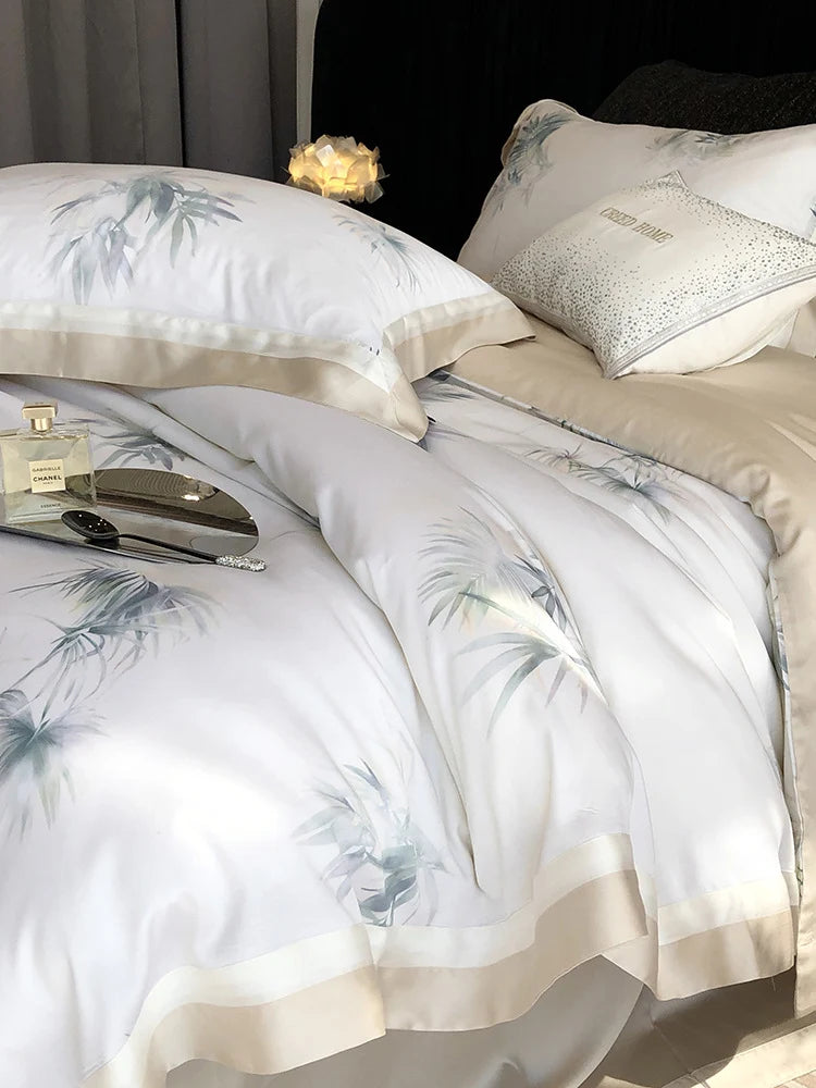 Bedding Set Cotton Satin Leaf Print Contrasting Hem & Piping