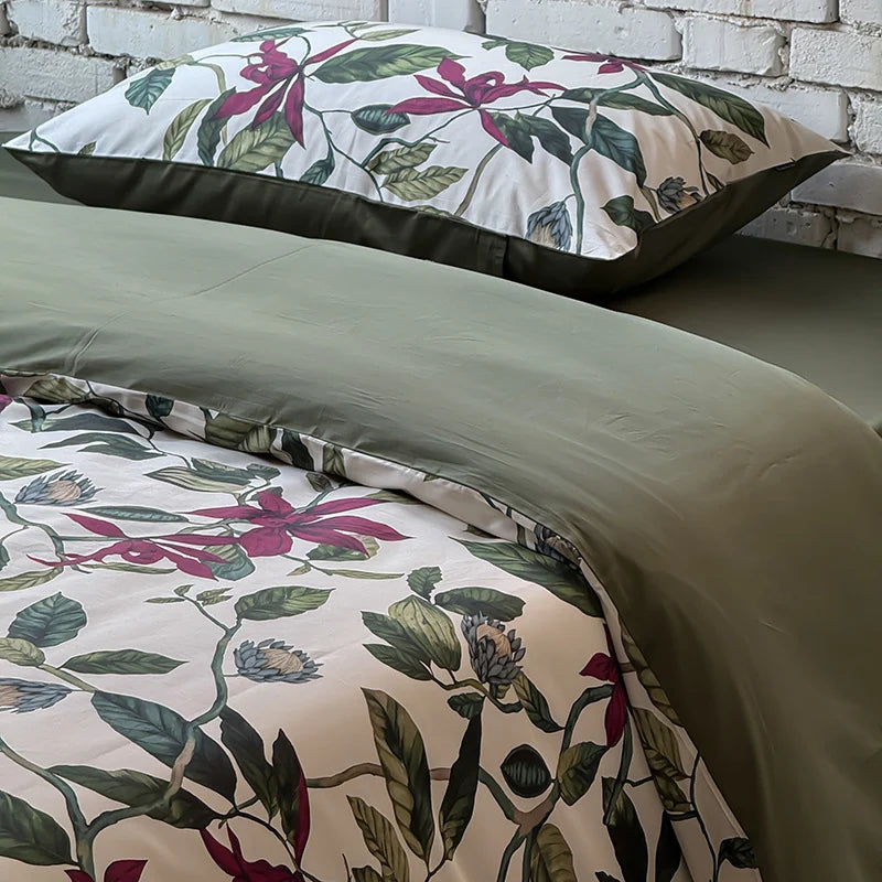 Bedding Set Cotton Satin Reversible Botanical Set of 4