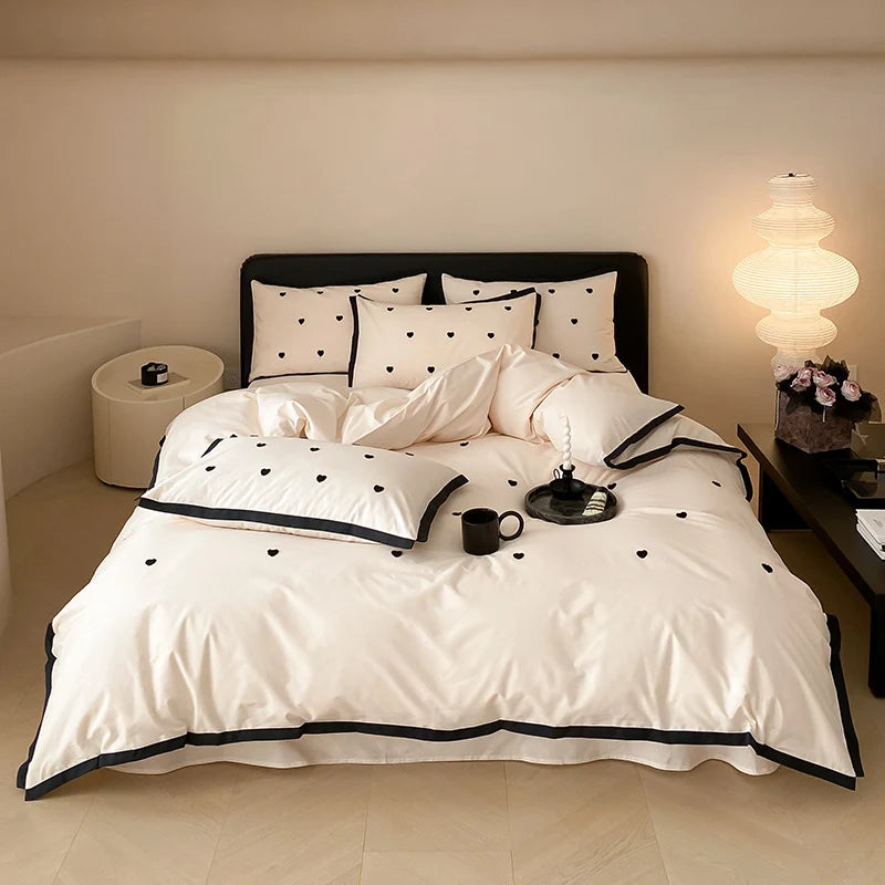 Bedding Set Cotton Satin Reversible Delicate Embroidery & Piping