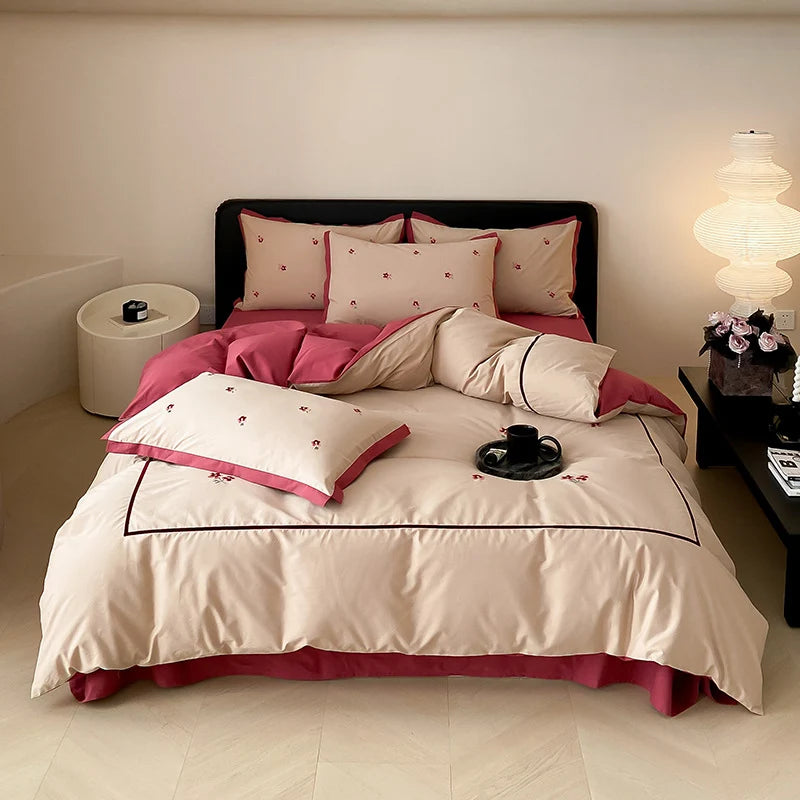 Bedding Set Cotton Satin Reversible Delicate Embroidery & Piping