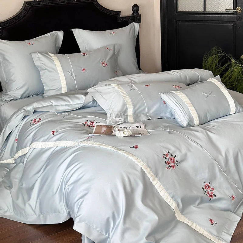Bedding Set Cotton Satin Rose Embroidery & Pleated Ruffle