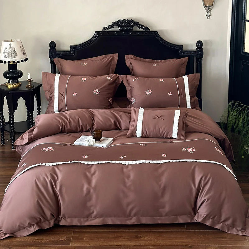 Bedding Set Cotton Satin Rose Embroidery & Pleated Ruffle