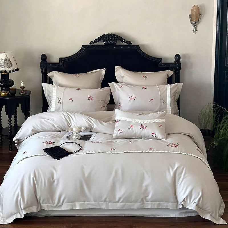 Bedding Set Cotton Satin Rose Embroidery & Pleated Ruffle