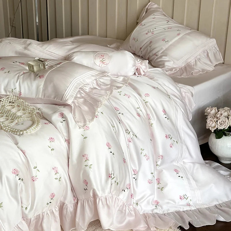 Bedding Set Cotton Satin Rose Embroidery & Ruffle