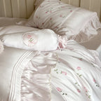 Bedding Set Cotton Satin Rose Embroidery & Ruffle