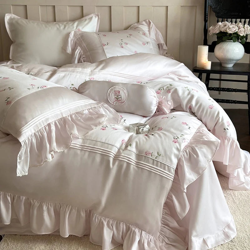 Bedding Set Cotton Satin Rose Embroidery & Ruffle