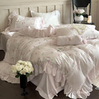Bedding Set Cotton Satin Rose Embroidery & Ruffle