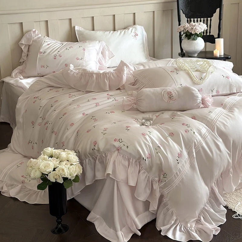 Bedding Set Cotton Satin Rose Embroidery & Ruffle