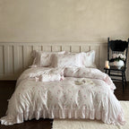 Bedding Set Cotton Satin Rose Embroidery & Ruffle