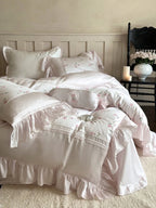 Bedding Set Cotton Satin Rose Embroidery & Ruffle
