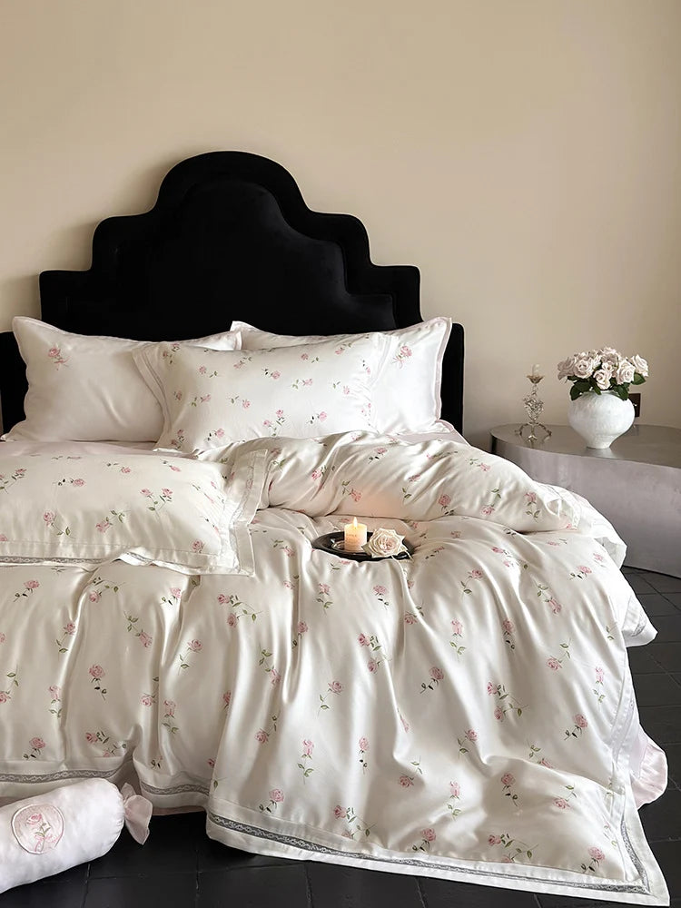 Bedding Set Cotton Satin Rose Embroidery & Ruffle