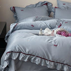 Bedding Set Cotton Satin Ruffle & Bow Embroidery