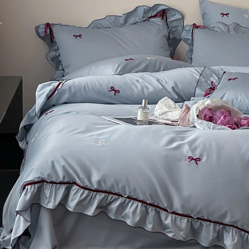 Bedding Set Cotton Satin Ruffle & Bow Embroidery