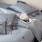 Bedding Set Cotton Satin Ruffle & Bow Embroidery