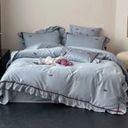 Bedding Set Cotton Satin Ruffle & Bow Embroidery