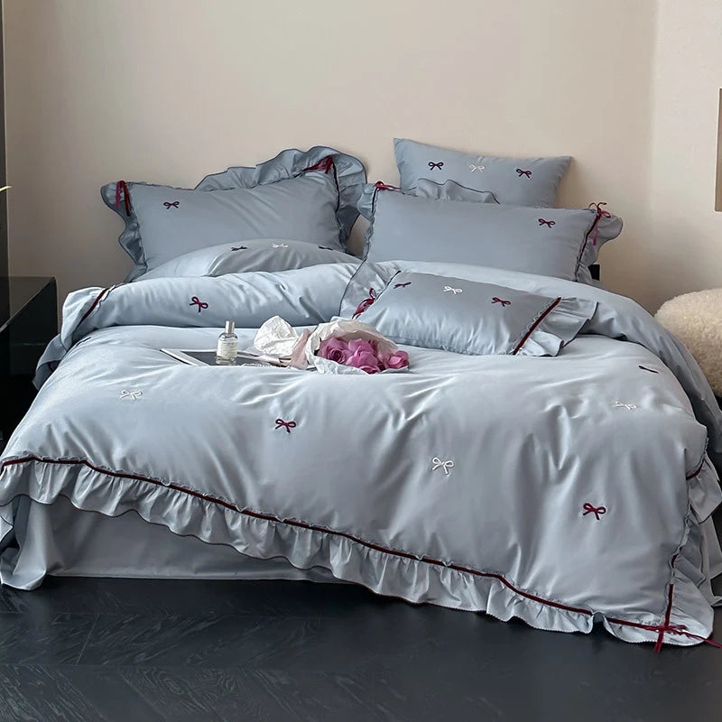 Bedding Set Cotton Satin Ruffle & Bow Embroidery