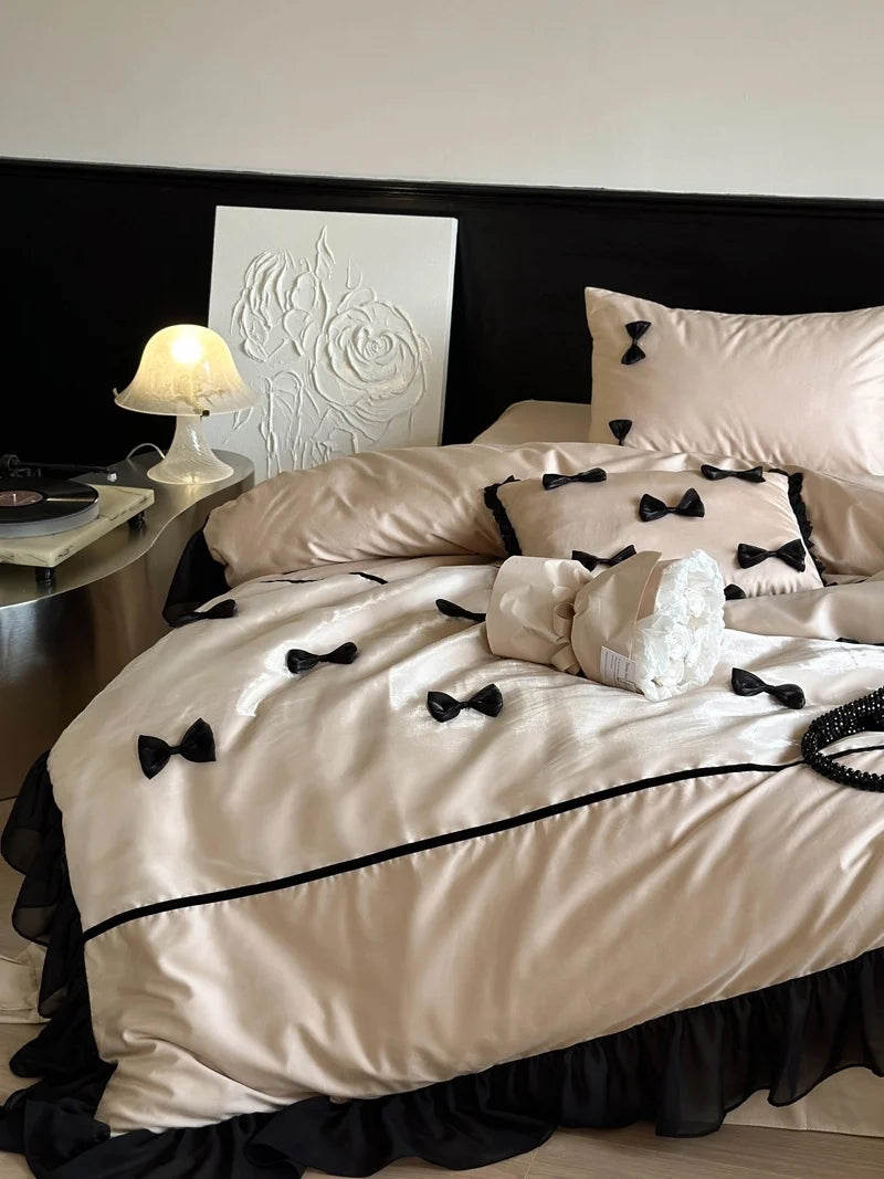 Bedding Set Cotton Satin Ruffle & Bow Four-Piece