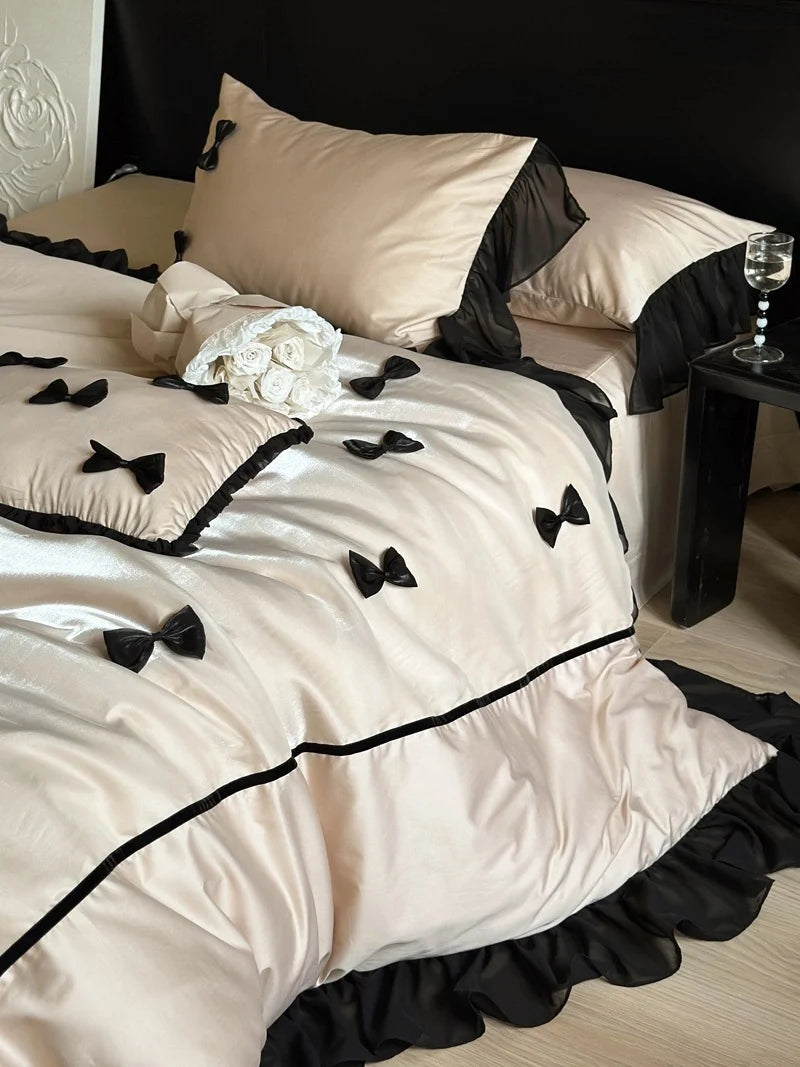 Bedding Set Cotton Satin Ruffle & Bow Four-Piece