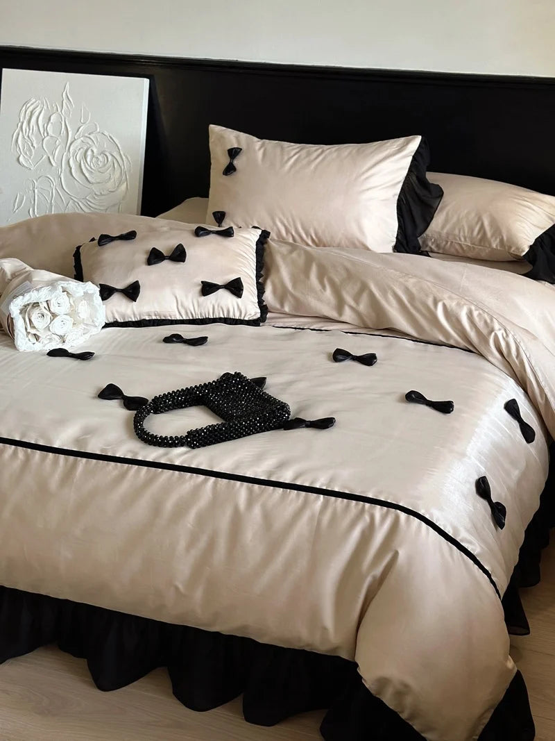 Bedding Set Cotton Satin Ruffle & Bow Four-Piece