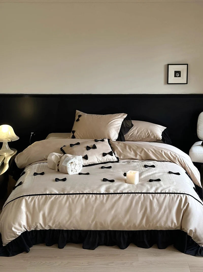 Bedding Set Cotton Satin Ruffle & Bow Four-Piece