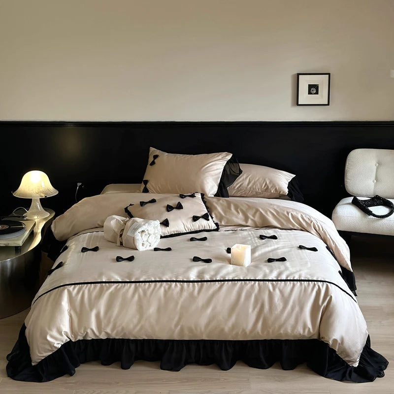 Bedding Set Cotton Satin Ruffle & Bow Four-Piece