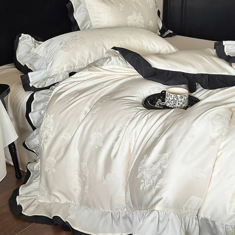 Bedding Set Cotton Satin Ruffle Contrast Edge Concealed Zippers