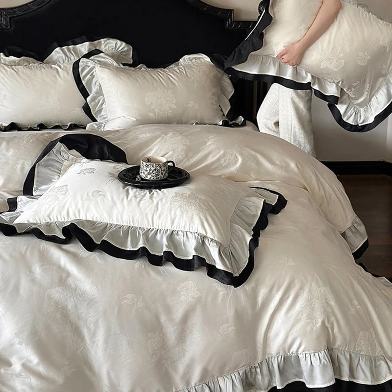 Bedding Set Cotton Satin Ruffle Contrast Edge Concealed Zippers