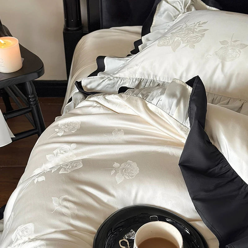 Bedding Set Cotton Satin Ruffle Contrast Edge Concealed Zippers