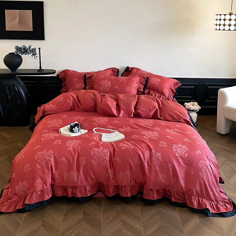 Bedding Set Cotton Satin Ruffle Contrast Edge Concealed Zippers