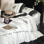 Bedding Set Cotton Satin Ruffle & Rose Embroidery 4-Piece