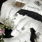 Bedding Set Cotton Satin Ruffle & Rose Embroidery 4-Piece
