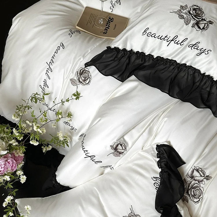 Bedding Set Cotton Satin Ruffle & Rose Embroidery 4-Piece