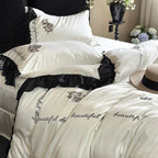Bedding Set Cotton Satin Ruffle & Rose Embroidery 4-Piece