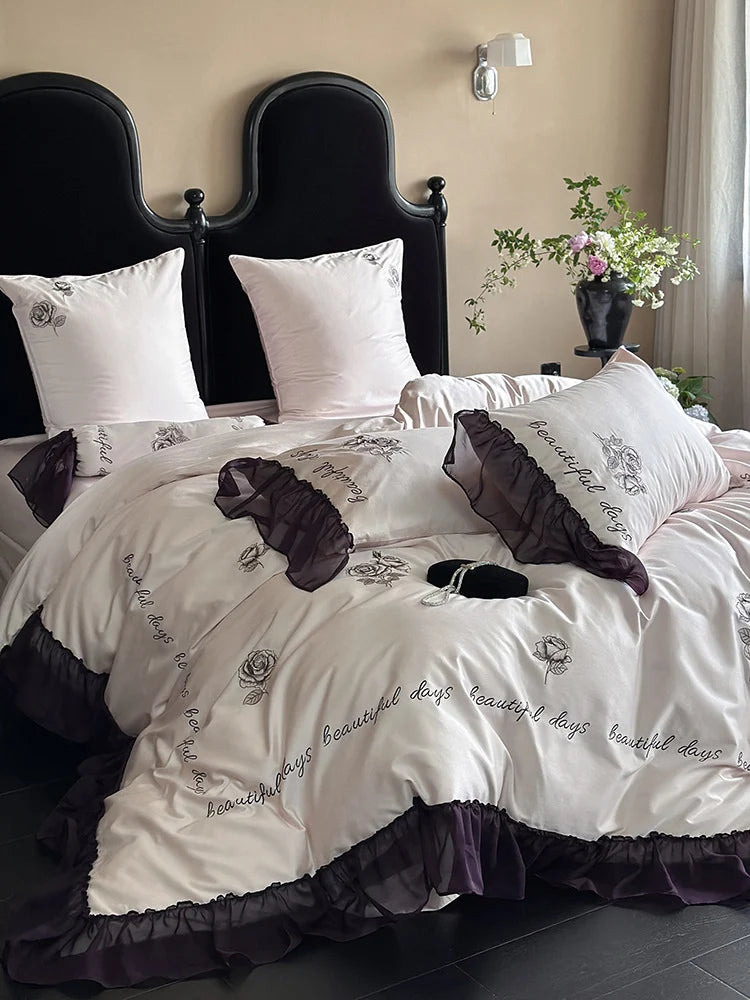 Bedding Set Cotton Satin Ruffle & Rose Embroidery 4-Piece