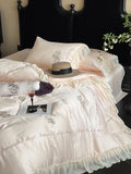 Bedding Set Cotton Satin Ruffle & Rose Embroidery 4-Piece