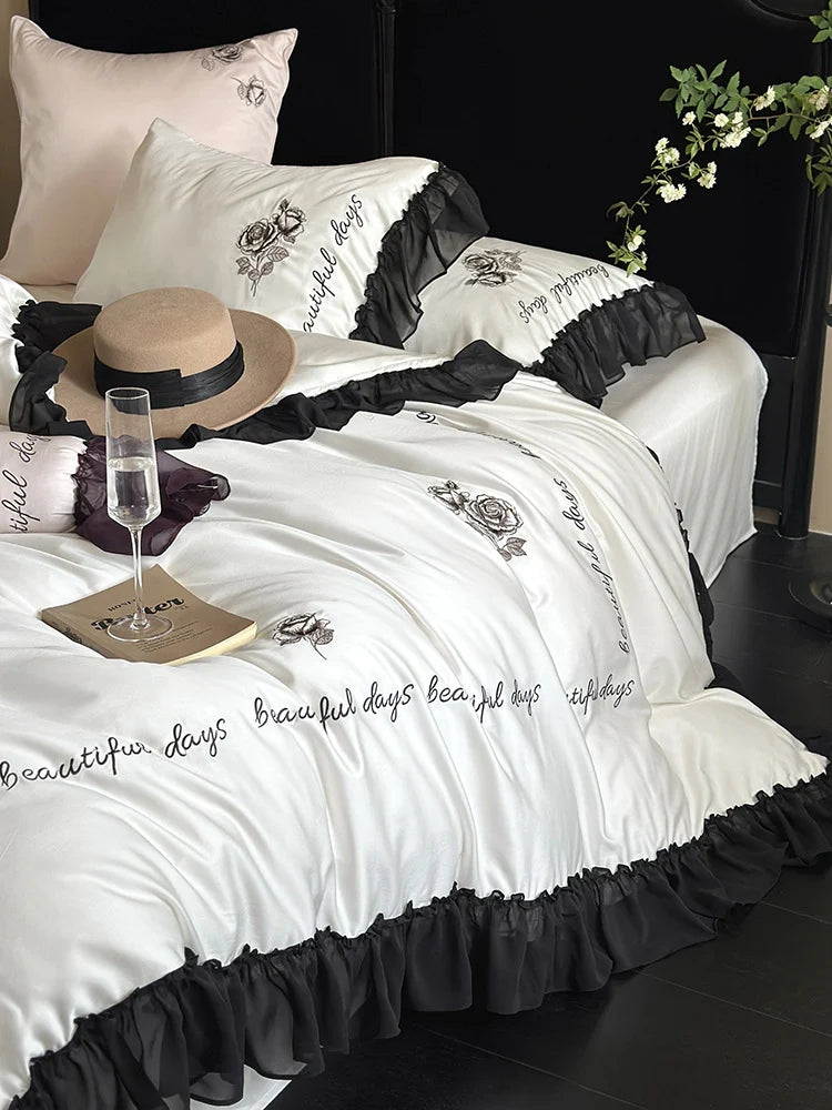 Bedding Set Cotton Satin Ruffle & Rose Embroidery 4-Piece