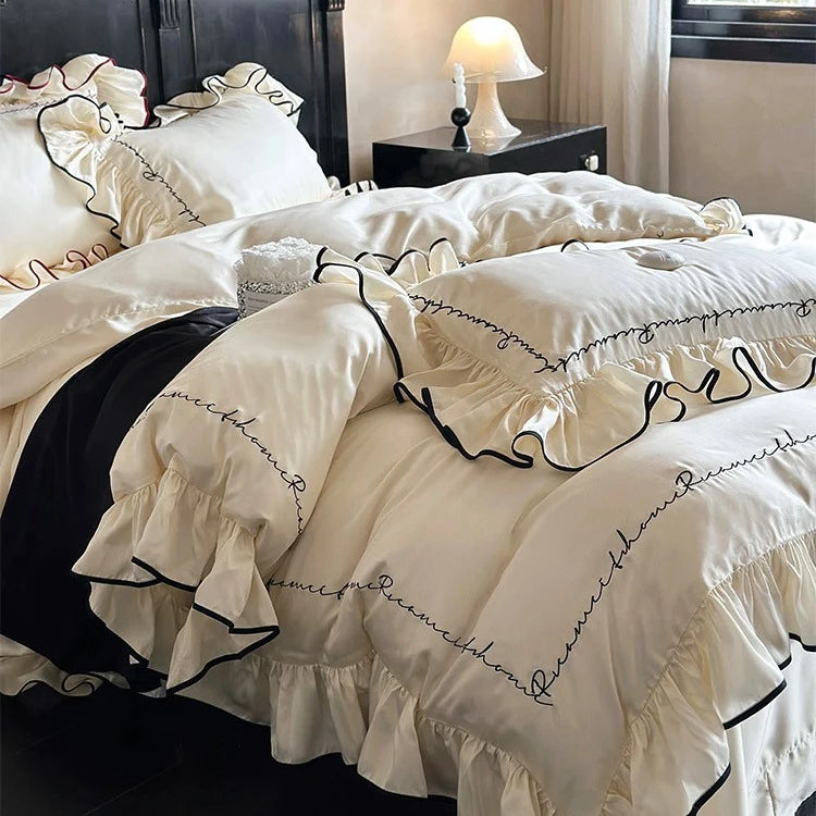 Bedding Set Cotton Satin Ruffled Edge & Embroidery