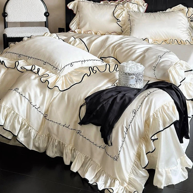 Bedding Set Cotton Satin Ruffled Edge & Embroidery