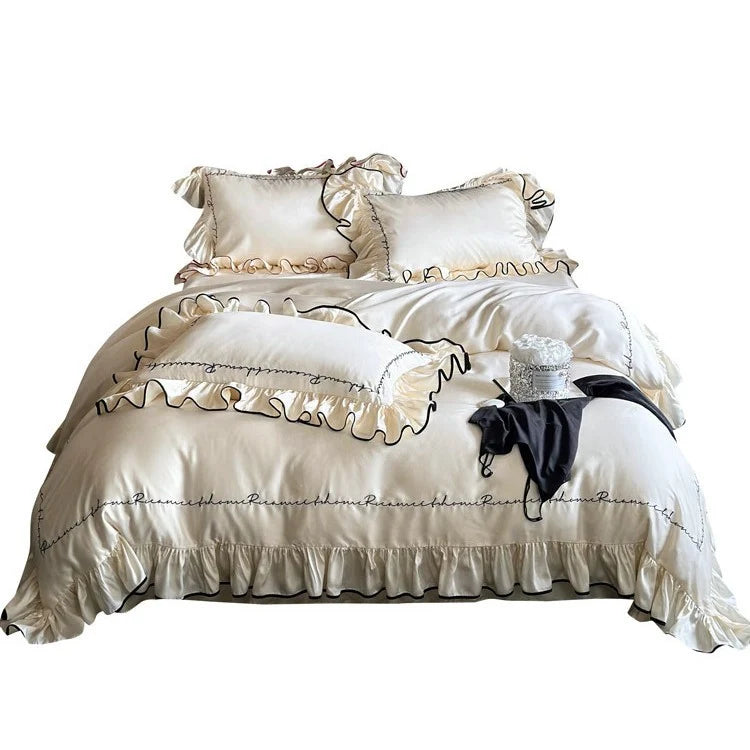 Bedding Set Cotton Satin Ruffled Edge & Embroidery