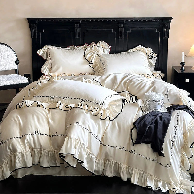 Bedding Set Cotton Satin Ruffled Edge & Embroidery