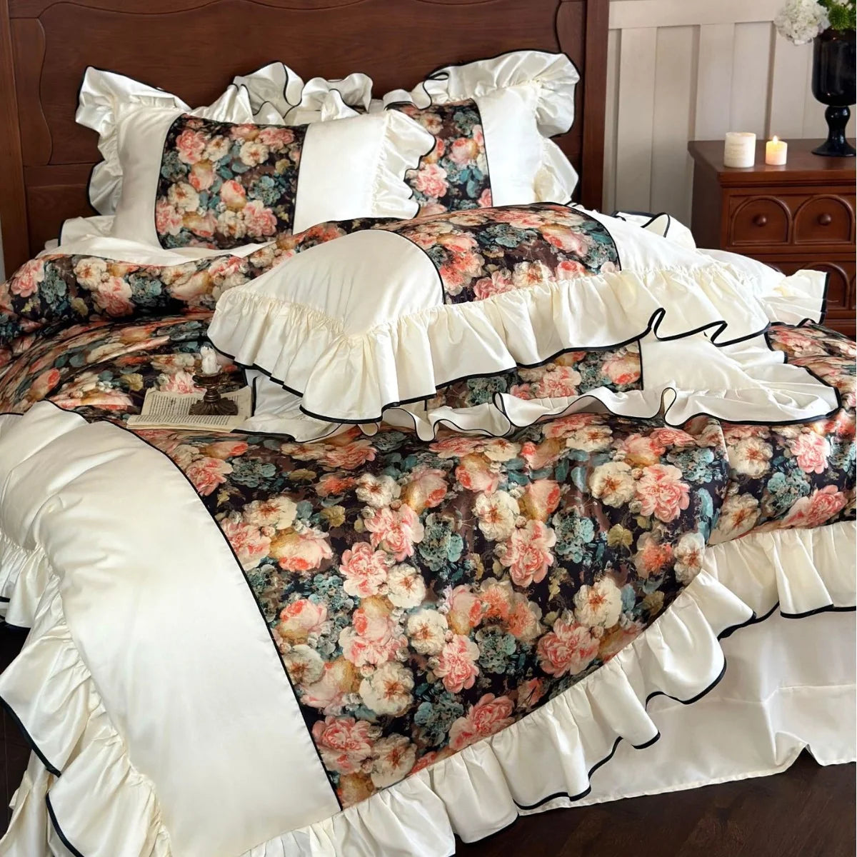 Bedding Set Cotton Satin Ruffled Panels & Black Piping