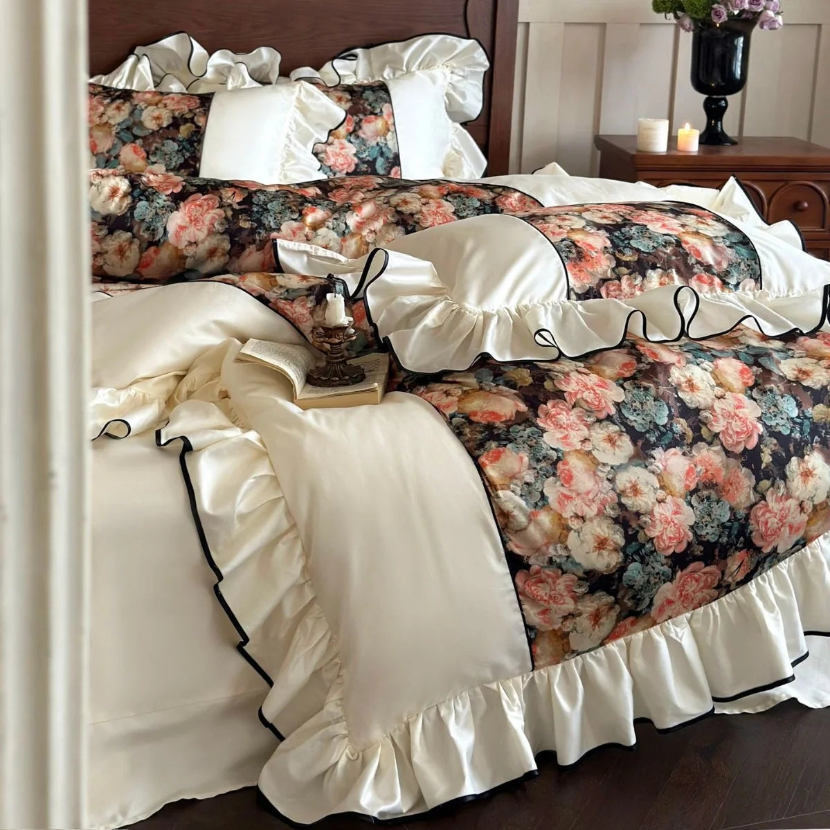 Bedding Set Cotton Satin Ruffled Panels & Black Piping