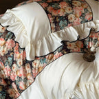 Bedding Set Cotton Satin Ruffled Panels & Black Piping