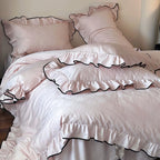Bedding Set Cotton Satin Ruffled Trim & Contrasting Piping