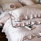Bedding Set Cotton Satin Ruffled Trim & Contrasting Piping